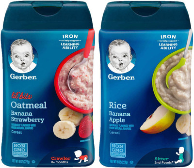 

Gerber Cereal Combo 227g (8oz) (Pack of 2) - Lil Bits Oat Banana Strawberry + Rice & Banana Apple Cereal(454 g, Pack of 2, 6)