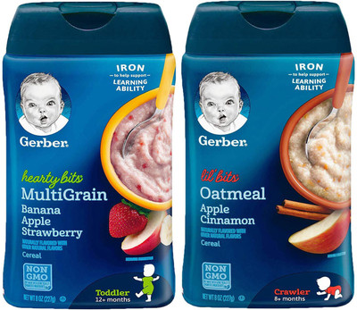 

Gerber Cereal Combo 227g (8oz) (Pack of 2) - Hearty Bits Banana Apple + Lil Bits Oat Apple Cinnamon Cereal(454 g, Pack of 2, 6)