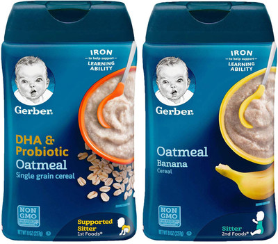 

Gerber Cereal Combo 227g (8oz) (Pack of 2) - Oatmeal Cereal DHA & Probiotic + Oatmeal & Banana Cereal(454 g, Pack of 2, 6)