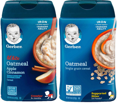 

Gerber Cereal Combo 227g (8oz) (Pack of 2) - Lil Bits Oat Apple Cinnamon + Oatmeal Cereal Cereal(454 g, Pack of 2, 6)