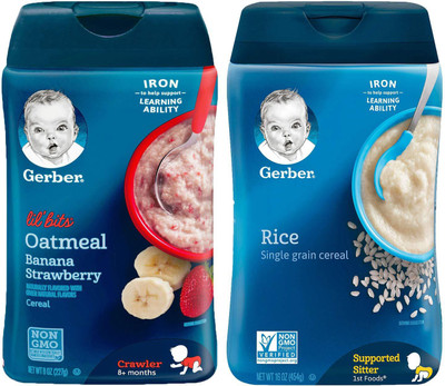 

Gerber Cereal Combo 227g (8oz) (Pack of 2) - Lil Bits Oat Banana Strawberry + Rice Cereal Cereal(454 g, Pack of 2, 6)