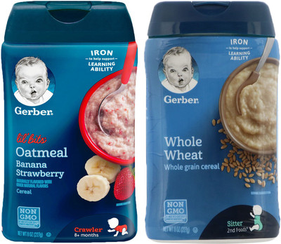 Gerber Cereal Combo 227g (8oz) (Pack of 2) - Lil Bits Oat Banana Strawberry + Whole Wheat Cereal Cereal(454 g, Pack of 2, 6)
