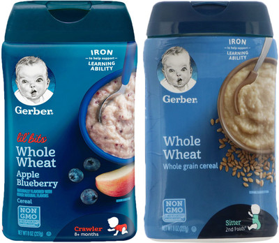

Gerber Cereal Combo 227g (8oz) (Pack of 2) - Lil Bits WW Apple Blueberry + Whole Wheat Cereal Cereal(454 g, Pack of 2, 6)
