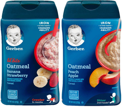

Gerber Cereal Combo 227g (8oz) (Pack of 2) - Lil Bits Oat Banana Strawberry + Oatmeal Peach Apple Cereal(454 g, Pack of 2, 6)