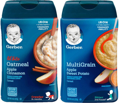 

Gerber Cereal Combo 227g (8oz) (Pack of 2) - Lil Bits Oat Apple Cin + Multigrain Apple Sweet Potato Cereal(454 g, Pack of 2, 6)