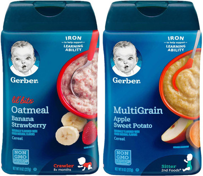 

Gerber Cereal Combo 227g (8oz) (Pack of 2) - Lil Bits Oat Banana Strawberry + MG Apple Sweet Potato Cereal(454 g, Pack of 2, 6)