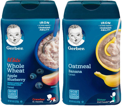 

Gerber Cereal Combo 227g (8oz) (Pack of 2) - Lil Bits WW Apple Blueberry + Oatmeal & Banana Cereal(454 g, Pack of 2, 6)
