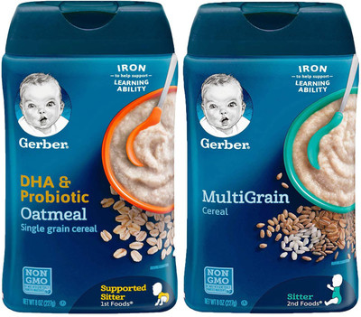 

Gerber Cereal Combo 227g (8oz) (Pack of 2) - Oatmeal Cereal DHA & Probiotic + Multigrain Cereal Cereal(454 g, Pack of 2, 6)
