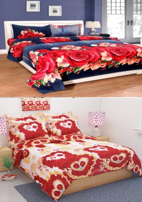 Maks Textile 144 TC Microfiber Double Floral Fitted & Flat Bedsheet(Pack of 2, Red)