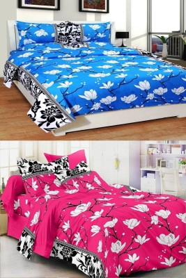 SK WEBS 144 TC Microfiber Double Floral Fitted & Flat Bedsheet(Pack of 2, Blue)