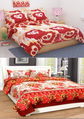 IOM 144 TC Microfiber Double Floral Fitted & Flat Bedsheet(Pack of 2, Red)