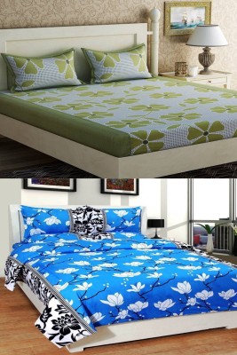 IOM 144 TC Microfiber Double Floral Fitted & Flat Bedsheet(Pack of 2, Green)