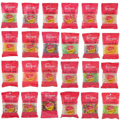 

Bachpan Candy combopack1001 coconut, apple, pineapple, Mango, Orange, Pan, Peppermint, glucose, Mawa, Imli, Aniseed, Masala, Lemon Toffee(Pack of 24)