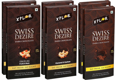 

Xplor Swiss Dezire Crackling Fruits & Nuts,2pc + Caramel & Cashew,2pc + Plain,2pc Dark Chocolate (6 Packs of 50 gm Each) Bars(Pack of 6, 300 g)