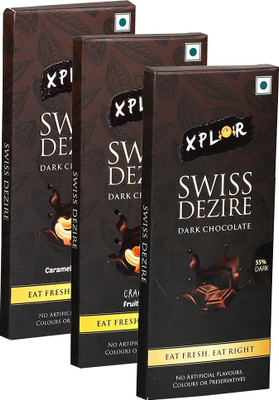 

Xplor Swiss Dezire Caramel & Cashew + Crackling Fruits & Nuts + Plain Dark Chocolate (3 Packs of 100 gm Each) Bars(Pack of 3, 300 g)