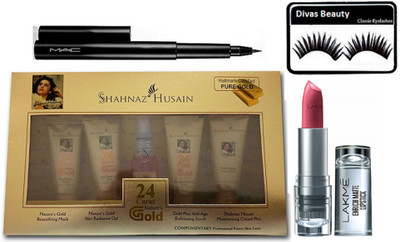 

Divas Beauty eyelashes , Shahnaz Husain Gold Facial Kit , mac pen eyeliner with lakme enrich matte finish lipstick(Set of 4)