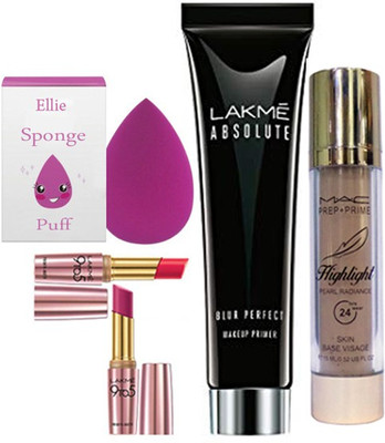 

ellie Sponge Puff&Lakme Absolute Blur Perfect Makeup Primer&Mac Perp+Prime Highlight Foundation&Lakme Matte Finsh Lipstick Pack Of 2(Set of 5)
