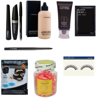 

glorist eyelashesh,mascara,liner,eyebrow pencil,foundation,vitamine capsule,charcoal mask,blackhead removal,prep-prime mac 9 combo(Set of 10)