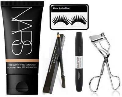

Pink rebellion Eyelashes & Nars Pure Radiant Foundation & Pencil Kajal & Colorbar 2 In 1 Eyeliner+Mascara With Eyelashes Curler(Set of 5)