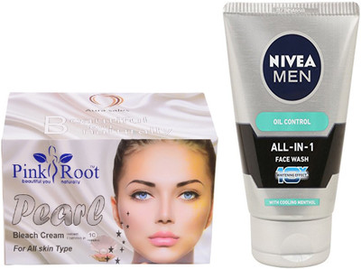 

Pink Root PEARL BLEACH CREAM 250G WITH NIVEA OIL CONTROL FACEWASH(Set of 2)