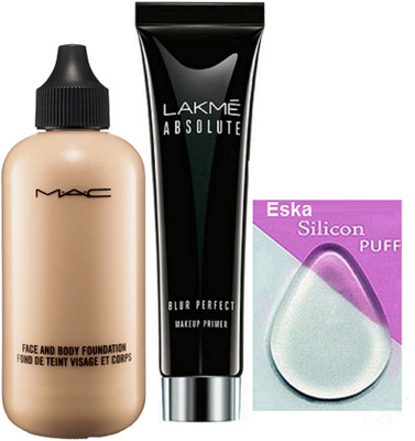 

eska Silicon Puff, Mac Face And Body Foundation & Lakme Absolute Blur Perfect Primer(Set of 3)