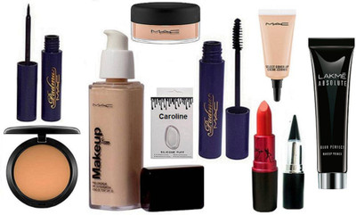 

caroline Silicon Puff & Makeup Pro Longwear Foundation & Mac Compect & Padma Eyeliner & Mascara & Lady Gaga Lipstick & Select Cover-up & Stick K & Loose Powder & Lakme Absolute Blue Perfect Makeup Primer(Set of 12)