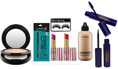 

divas beauty Eyelashes ,LAKME EYECONIC KAJAL & Lakme 9 to 5 Lipstick ,Mac Face And Body Foundation ,Padma Liner & Mascara , Compact(Set of 8)