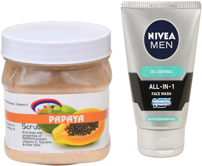 

Pink Root PAPAYA SCRUB 500G WITH NIVEA OIL CONTROL FACEWASH(Set of 2)