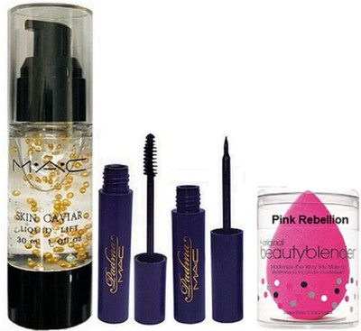 

Pink Rebellion & Mac Skin Caviar Primer & Padma Eyeliner+Mascara & Eyelashes With Sponge Puff(Set of 4)