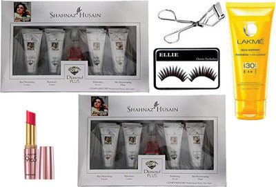 

ellie Eyelashes, Shahnaz Husain daimond facial kit pack of 2, lakme sun expert lotion, 9to5 lipstick pack of 1 with eyelashes curler(Set of 6)