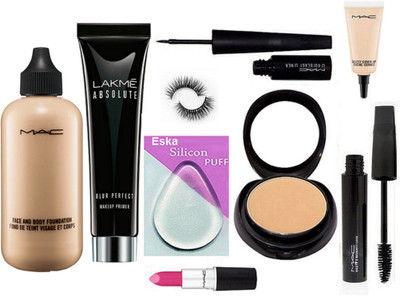 

eska Silicon Puff, Mac Face And Body Foundation, Compact, Liquid Eyeliner, Candy Yum Yum Lipstick,Select Cover-up, Eyelashes, Haute and Naughty Mascara & Lakme Absolute Blur Perfect Primer(Set of 9)
