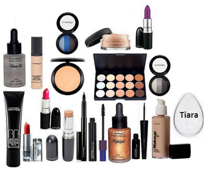 

tiara Silicone Puff , Mac Prep+Prime BB Beauty Blam , Pro Long Wear Concealer , Studio Fix Compact , 15 Shades Concealer Palette , Make up Pro Long Wear Foundation , Primer Oil , Highlighter , Contra Stick , Pencil Eyeliner , Hauty Naugty Mascara , Mac Ey
