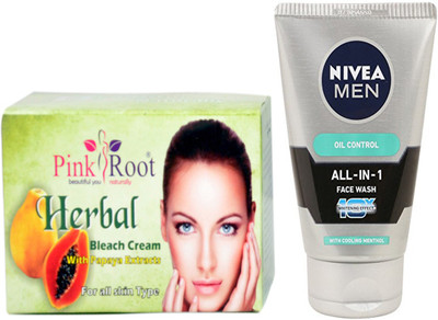 

Pink Root HERBAL BLEACH CREAM 250G WITH NIVEA OIL CONTROL FACEWASH(Set of 2)