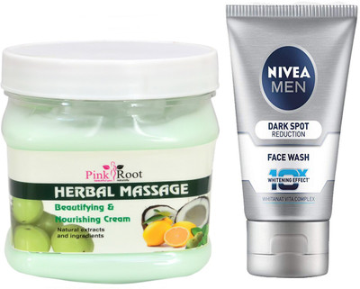 

Pink Root HERBAL MASSAGE CREAM 500G WITH NIVEA DARK SPOT FACEWASH(Set of 2)