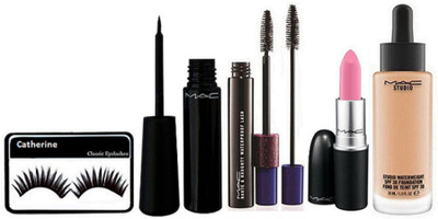 

catherine Eyelashes, Mac Liquid Eyelinear, Hauty Naughty Mascara, Matte Finish Lipstick, Studio fix Fond De Teint Foundation(Set of 5)