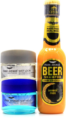 

Park Avenue Damage Free Beer Shampoo, Wet Look & Soft Hold Styling Gel(Set of 3)