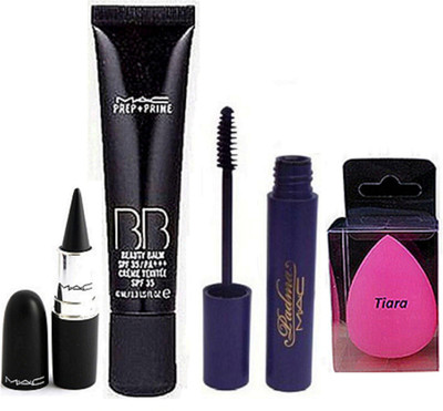 

tiara Spounge puff & Prep+Prime Mac bb Beauty Blam cream , Stick kajal , Padma eyeliner(Set of 4)