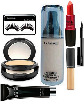 

DAZZLING Eyelashes & Mac MAtchmaster Foundation & Lady GAga Lipstick & Face Compact & Minerlize Concealer & Pen Eyeliner & lakme absolute primer(Set of 7)
