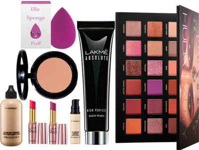 

ellie Sponge Puff&Lakme Absolute Blur Perfect Makeup Primer&Mac Face&Body Foundation&Lakme Matte Finsh Lipstick Pack Of 2&Mac Pro Long Wear Concealer&Huda Beauty Palette&Bobbi Brown Blusher(Set of 8)