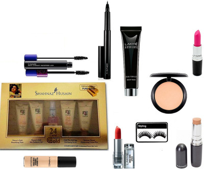 

Styling Eyelashes, Mac Stick Concealer,Compact, Candy Yum Yum Lipstick, Pro LongWear Concealer, Pen Liner, HautE and Naughty Waterproof Lash Double Effect Mascara, Lakme Absolute Blue Perfect Makeup Primer, Enrich Matte Finish Lipstick, Shahnaz Husain 24 