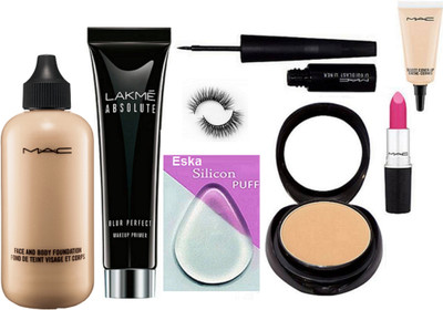 

eska Silicon Puff, Mac Face And Body Foundation, Compact, Liquid Eyeliner, Candy Yum Yum Lipstick,Select Cover-up, Eyelashes & Lakme Absolute Blur Perfect Primer(Set of 8)