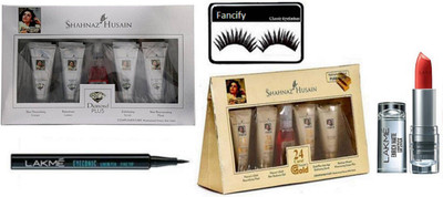 

fancify Eyelashes , Shahnaz Husain Gold & Diamond Facial kit , Lakme Lipstick & Eyeconic Pen Eyeliner(Set of 5)