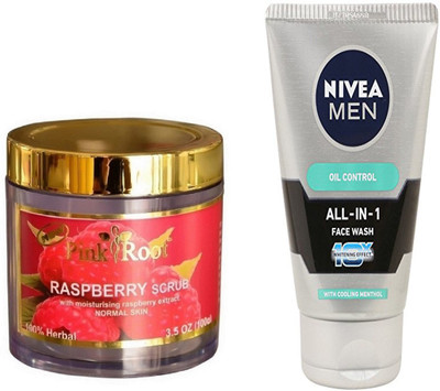 

Pink Root RASPBERRY SCRUB 100G WITH NIVEA OIL CONTROL FACEWASH(Set of 2)