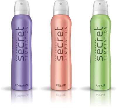 

Secret Temptation Romance 1pc., Desire 1pc. & Affair 1pc. pack of 3 Deodorant Spray - For Women(450 ml, Pack of 3)