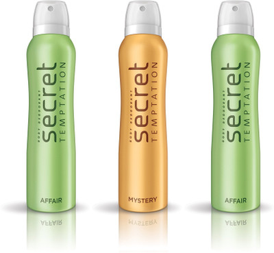 

Secret Temptation 2 Affair & 1 Mystery Pack of 3 Deodorant Spray - For Women(450 ml, Pack of 3)