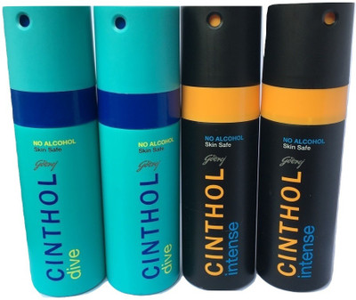 

Cinthol 2 DIVE AND 2 INTENSE Body Spray - For Men(600 ml, Pack of 4)