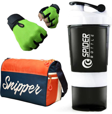 

Snipper Combo of Tomy Orange Bag, Gloves Green and Spider Shaker (White ) Gym & Fitness Kit