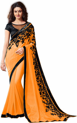 

Monika Silk Mill Embroidered Daily Wear Georgette Saree(Gold), Orange