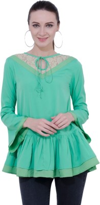 KARMIC VISION Casual Bell Sleeve Self Design Women Light Green Top