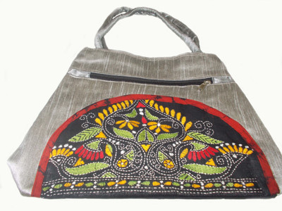 

Esthetic Mind Ladies two section cotton silk beige solder bag with black kantha patch Shoulder Bag(Silver, 5 L)